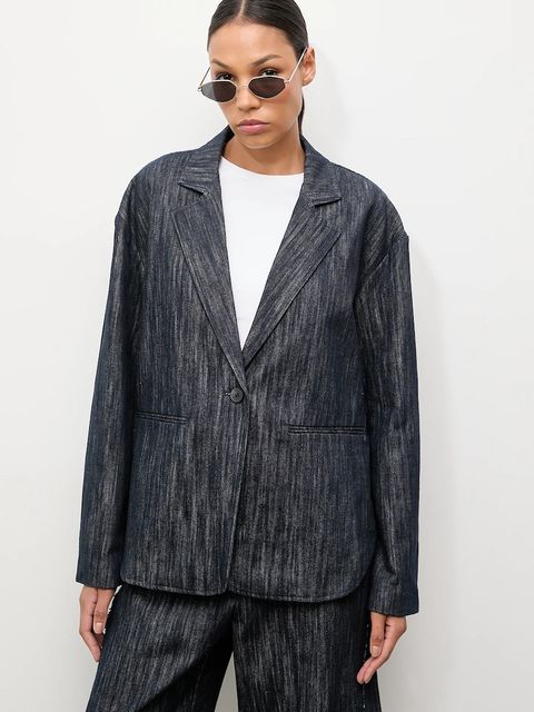 Answear.LAB marynarka jeansowa kolor granatowy jednorzędowa gładka