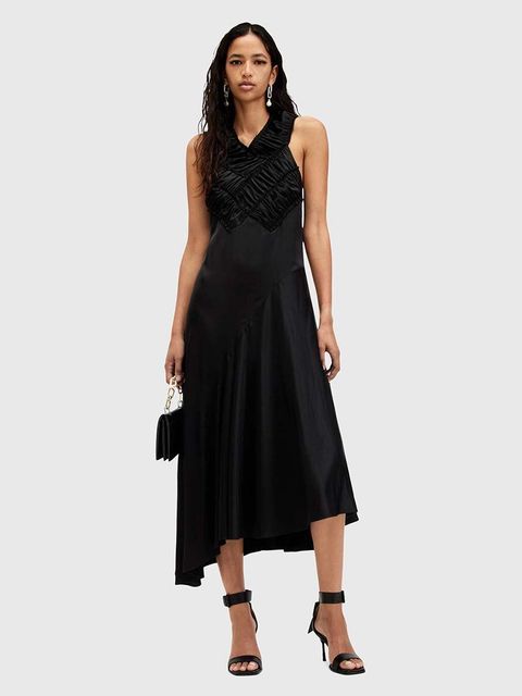 AllSaints sukienka MAHREE DRESS kolor czarny midi rozkloszowana W064DC