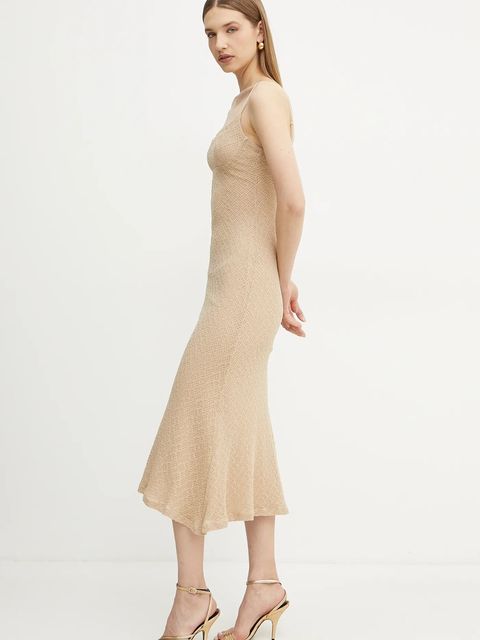 Bardot sukienka kolor beżowy midi dopasowana 57998DB7