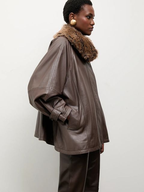 Answear.LAB kurtka skórzana kolor brązowy przejściowa oversize - zdjęcie produktu nr 1