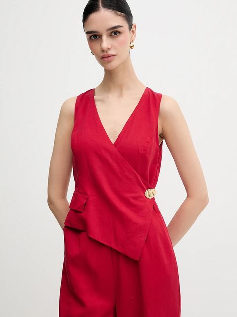 Pedro del Hierro kombinezon z domieszką lnu kolor czerwony z domieszką lnu z dekoltem w szpic 5899922