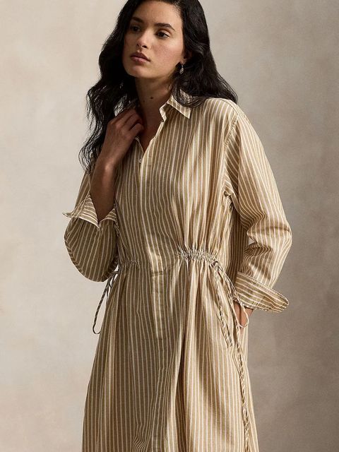 Polo Ralph Lauren sukienka z domieszką lnu kolor brązowy midi rozkloszowana 211A96364