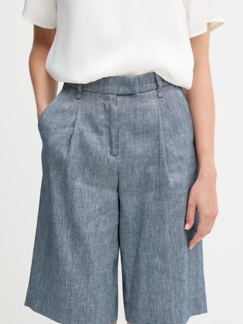 Sisley szorty lniane kolor niebieski melanżowe high waist 4MNUL901J