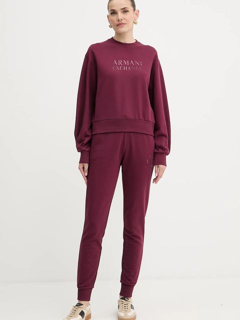 Armani Exchange spodnie dresowe bawełniane damskie kolor bordowy gładkie XW000986 AF16114 - zdjęcie produktu nr 2