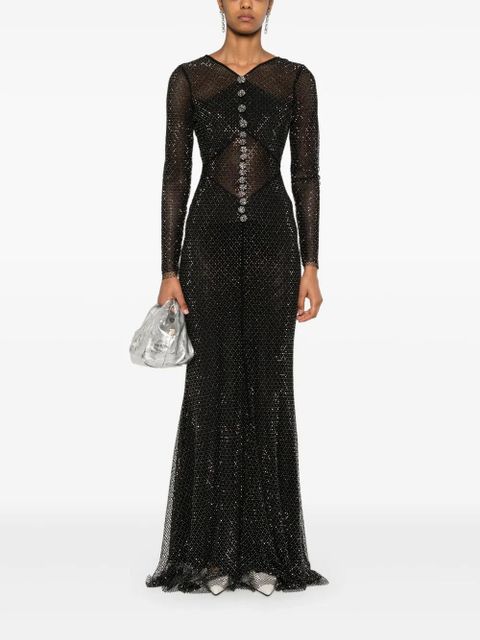 Self-Portrait rhinestoned fishnet gown - Black