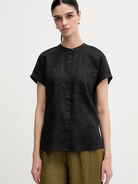 Tommy Hilfiger koszula lniana damska kolor czarny relaxed ze stójką WW0WW44715 - zdjęcie produktu nr 1