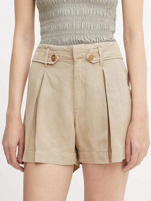 Guess szorty z domieszką lnu SHAYE damskie kolor zielony gładkie high waist W5GD1J WG8N0