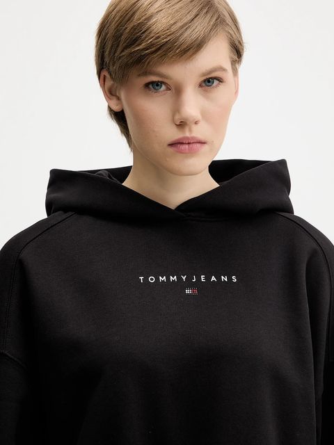 Tommy Jeans bluza bawełniana damska kolor czarny z kapturem z nadrukiem DW0DW21607