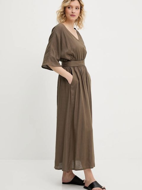 Answear.LAB sukienka z domieszką lnu kolor zielony maxi rozkloszowana - zdjęcie produktu nr 1