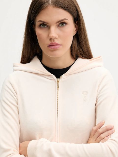 Juicy Couture bluza HERITAGE ROBYN HOODIE damska kolor beżowy z kapturem z aplikacją JCSEBJ007G