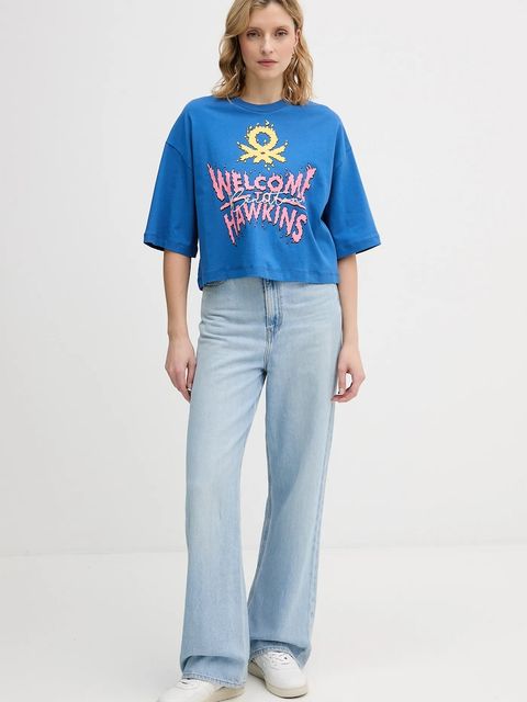 United Colors of Benetton t-shirt bawełniany x Stranger Things damski kolor niebieski 3BL0D10BC