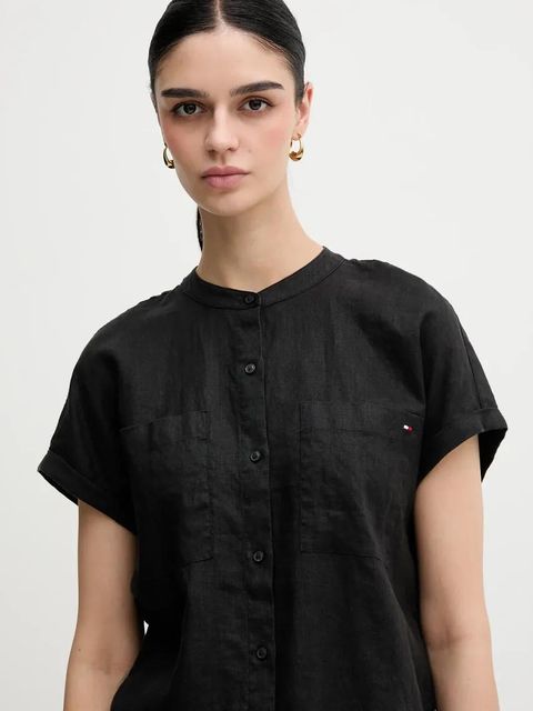 Tommy Hilfiger koszula lniana damska kolor czarny relaxed ze stójką WW0WW44715