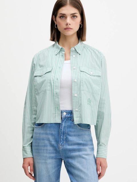 Tommy Jeans koszula bawełniana damska kolor zielony relaxed z kołnierzykiem klasycznym DW0DW21453