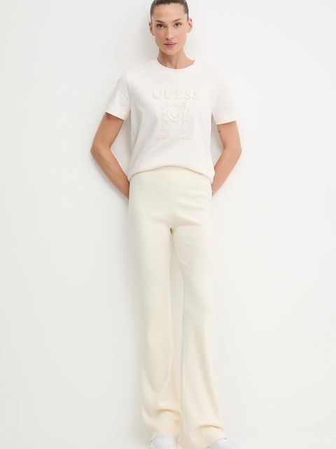 Guess spodnie z domieszką wełny FLAMINIA damskie kolor beżowy dzwony high waist V5BB08 Z3JD2