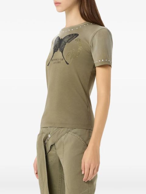 Blumarine butterfly-print studded T-shirt - Green