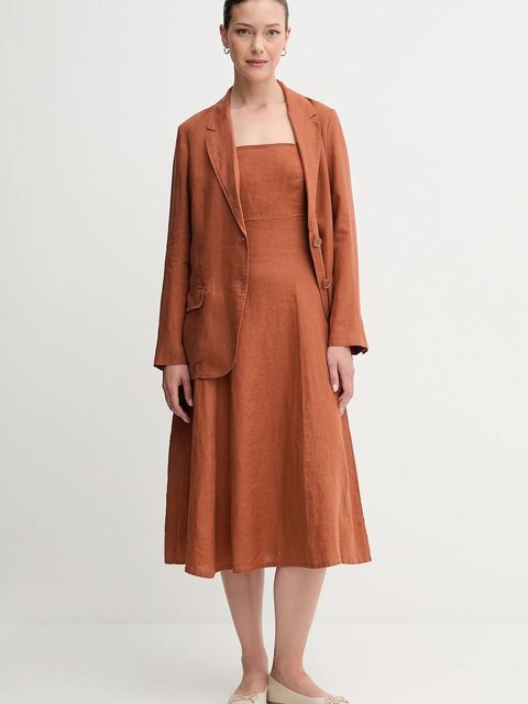 United Colors of Benetton sukienka lniana kolor pomarańczowy midi rozkloszowana 4AGHDV0AG - zdjęcie produktu nr 2