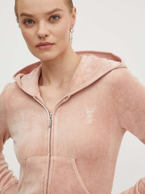 Juicy Couture bluza welurowa HERITAGE ROBYN HOODIE kolor beżowy z kapturem gładka JCSEBJ007