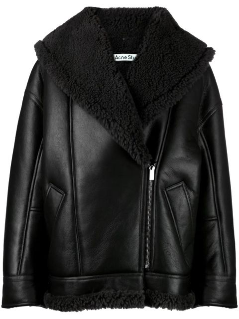 Acne Studios shearling-lined leather biker jacket - Black - zdjęcie produktu nr 1