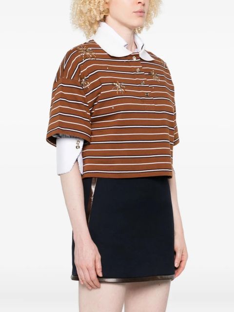 SANDRO striped embellished cropped polo shirt - Brown