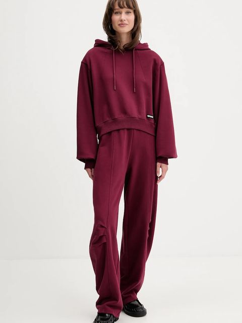 Rotate bluza bawełniana damska kolor bordowy z kapturem gładka 1143872734