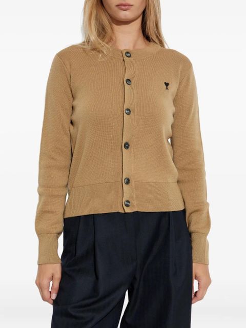 AMI Paris heart-logo button wool cardigan - Brown