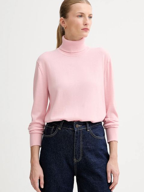 Calvin Klein sweter z dodatkiem wełny damski kolor różowy lekki z golfem LV044D371G