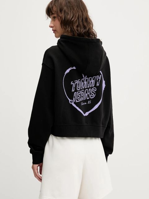 Tommy Jeans bluza bawełniana damska kolor czarny z kapturem z nadrukiem DW0DW21408