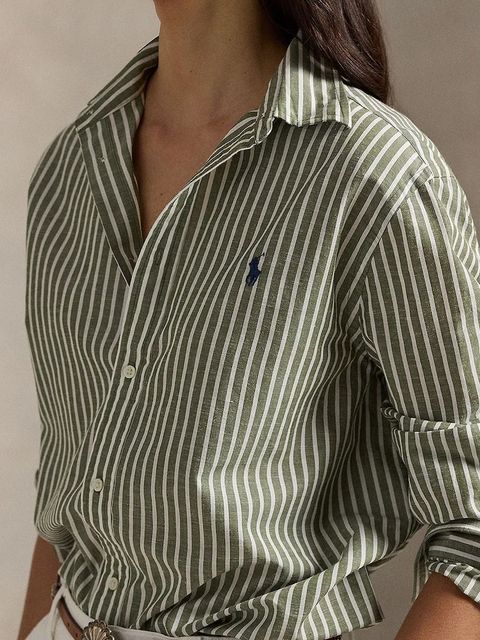 Polo Ralph Lauren koszula z dodatkiem lnu damska kolor zielony regular z kołnierzykiem klasycznym 211971514