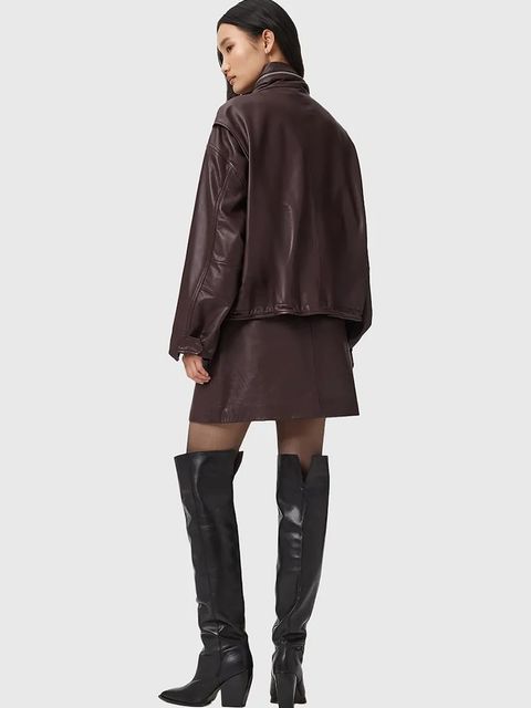 AllSaints spódnica skórzana RENAI kolor bordowy mini rozkloszowana W020RB