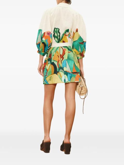 ALEMAIS Mokshini puff-sleeve printed mini dress - Neutrals