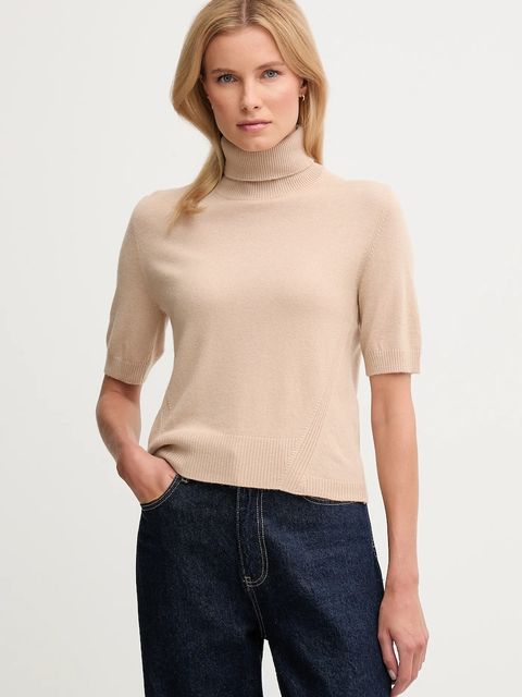 United Colors of Benetton sweter z dodatkiem wełny dziecięcy damski kolor beżowy lekki z golfem 102HD203X - zdjęcie produktu nr 1