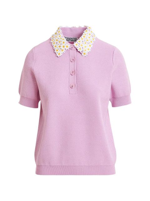 Essentiel Antwerp floral-embellished fine-knit polo top - Purple - zdjęcie produktu nr 1