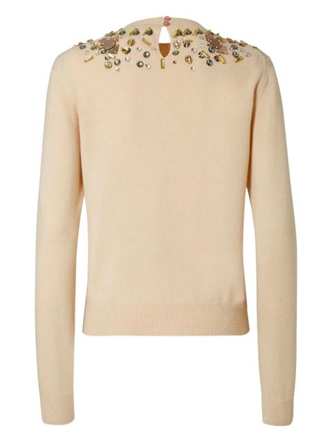 FENDI embellished-neckline crew-neck wool sweater - Neutrals