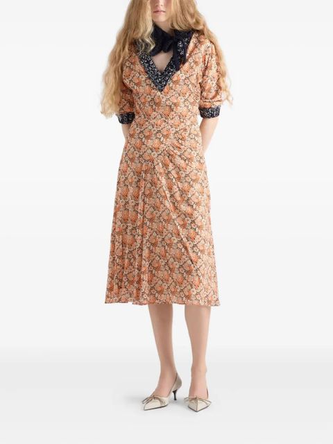 Prada floral-print knit-trimmed midi dress - Orange