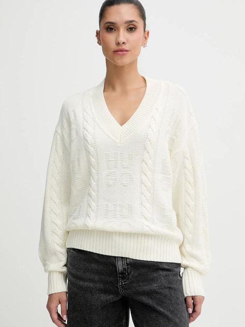 HUGO sweter z dodatkiem wełny damski kolor beżowy 50554075 - zdjęcie produktu nr 1