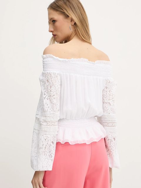 Guess bluzka z domieszką jedwabiu AUDREY damska kolor biały wzorzysta W5GH0S WE550