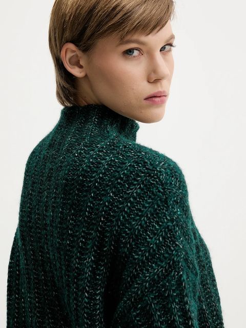 HUGO sweter z dodatkiem wełny damski kolor zielony ciepły z półgolfem 50550210