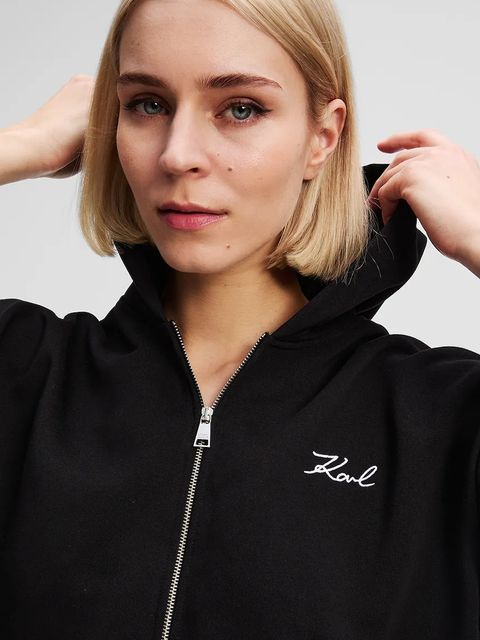 Karl Lagerfeld bluza HEM SIGNATURE damska kolor czarny z kapturem z aplikacją A3W20067