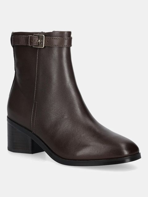 Tommy Hilfiger botki skórzane TH BUCKLE RIDING MID HEEL BOOTIE damskie kolor brązowy na słupku FW0FW08859 - zdjęcie produktu nr 1