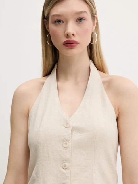 Hollister Co. kamizelka lniana damskie kolor beżowy jednorzędowa KI340-5071