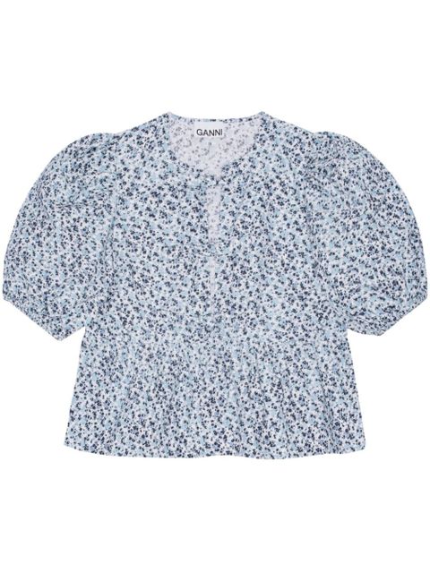 GANNI floral-print short-sleeve blouse - White