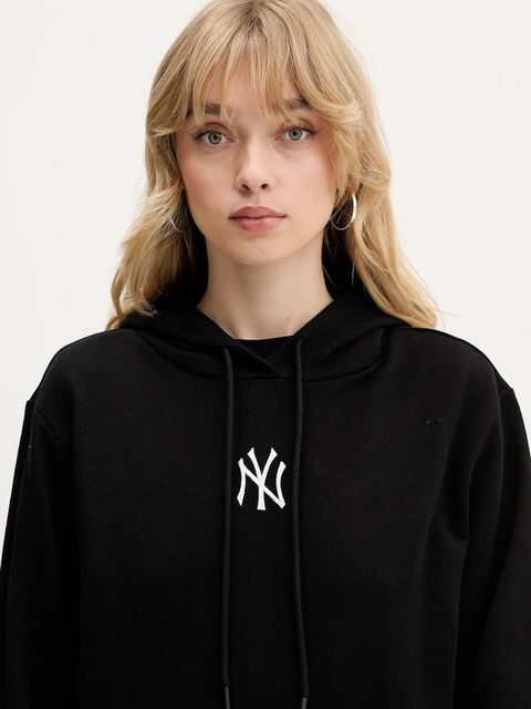 New Era bluza damska kolor czarny z kapturem z aplikacją 60684415