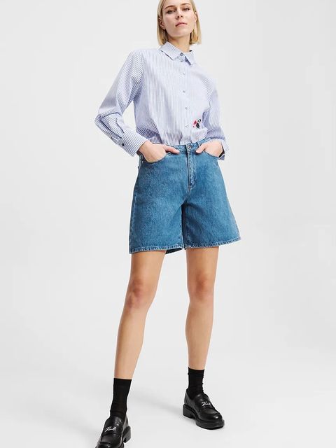 Karl Lagerfeld szorty jeansowe bawełniane IKON damskie kolor niebieski z nadrukiem high waist A2W10151