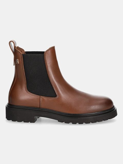 Tommy Hilfiger sztyblety skórzane LEATHER CLEATED CHELSEA damskie kolor brązowy na płaskim obcasie FW0FW08766