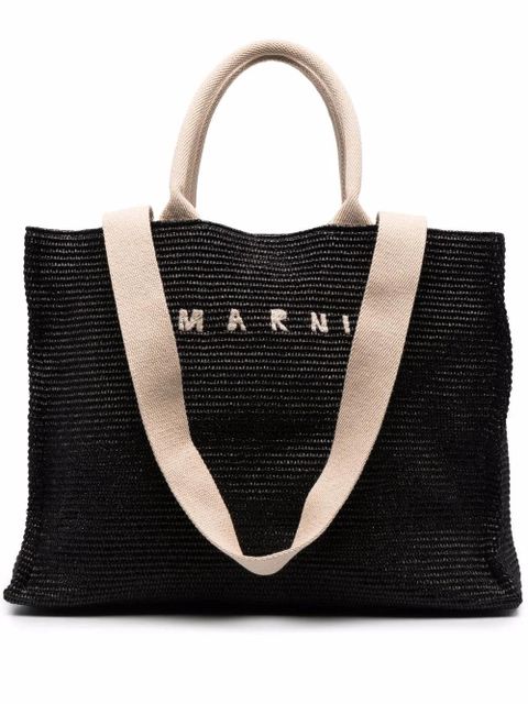 Marni logo-embroidered raffia tote bag - Black - zdjęcie produktu nr 1