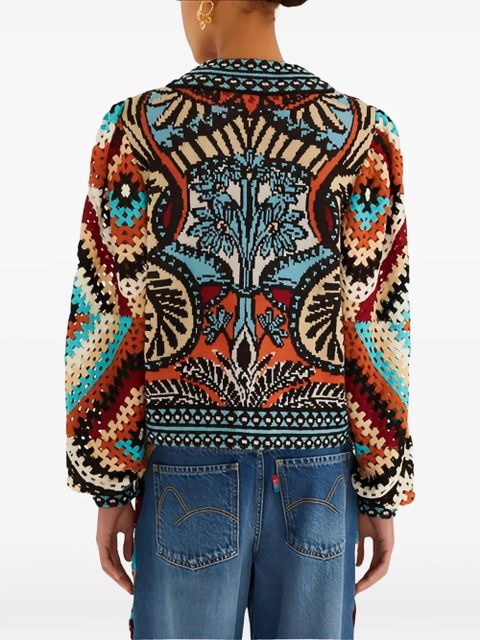 FARM Rio crochet-construction V-neck sweater - Blue