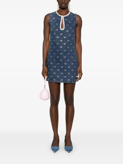 Self-Portrait crystal-bow denim mini dress - Blue