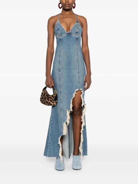 Blumarine halter-neck frayed-hem denim dress - Blue