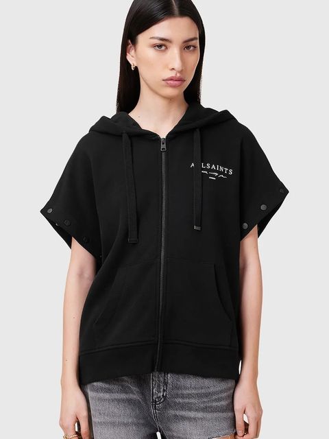 AllSaints bluza bawełniana AROMA damska kolor czarny z kapturem z nadrukiem W134JC