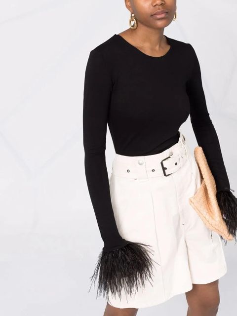 MANURÍ Elektra feather-trim stretch blouse - Black